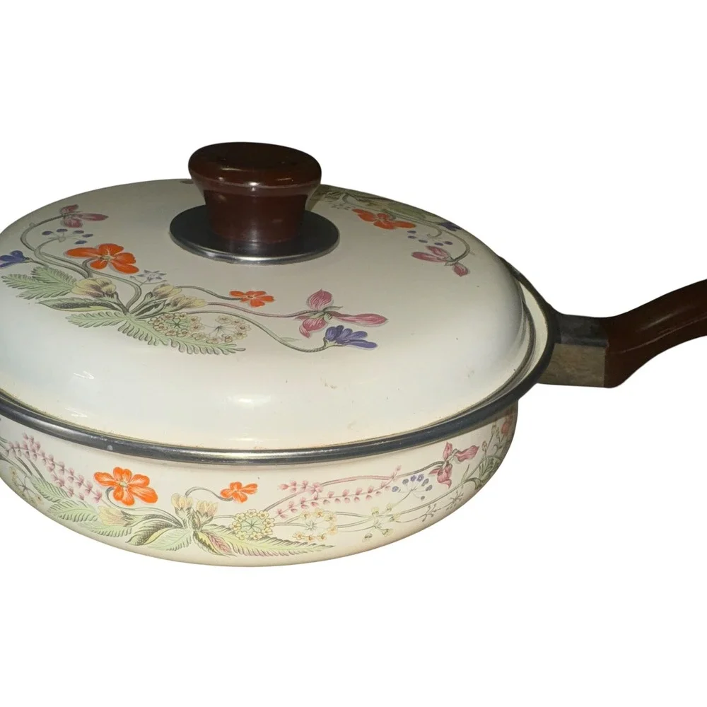 Vintage MCM Floral Enamel Saucepan Pot with Lid Kitchenware Cooking Pot RARE